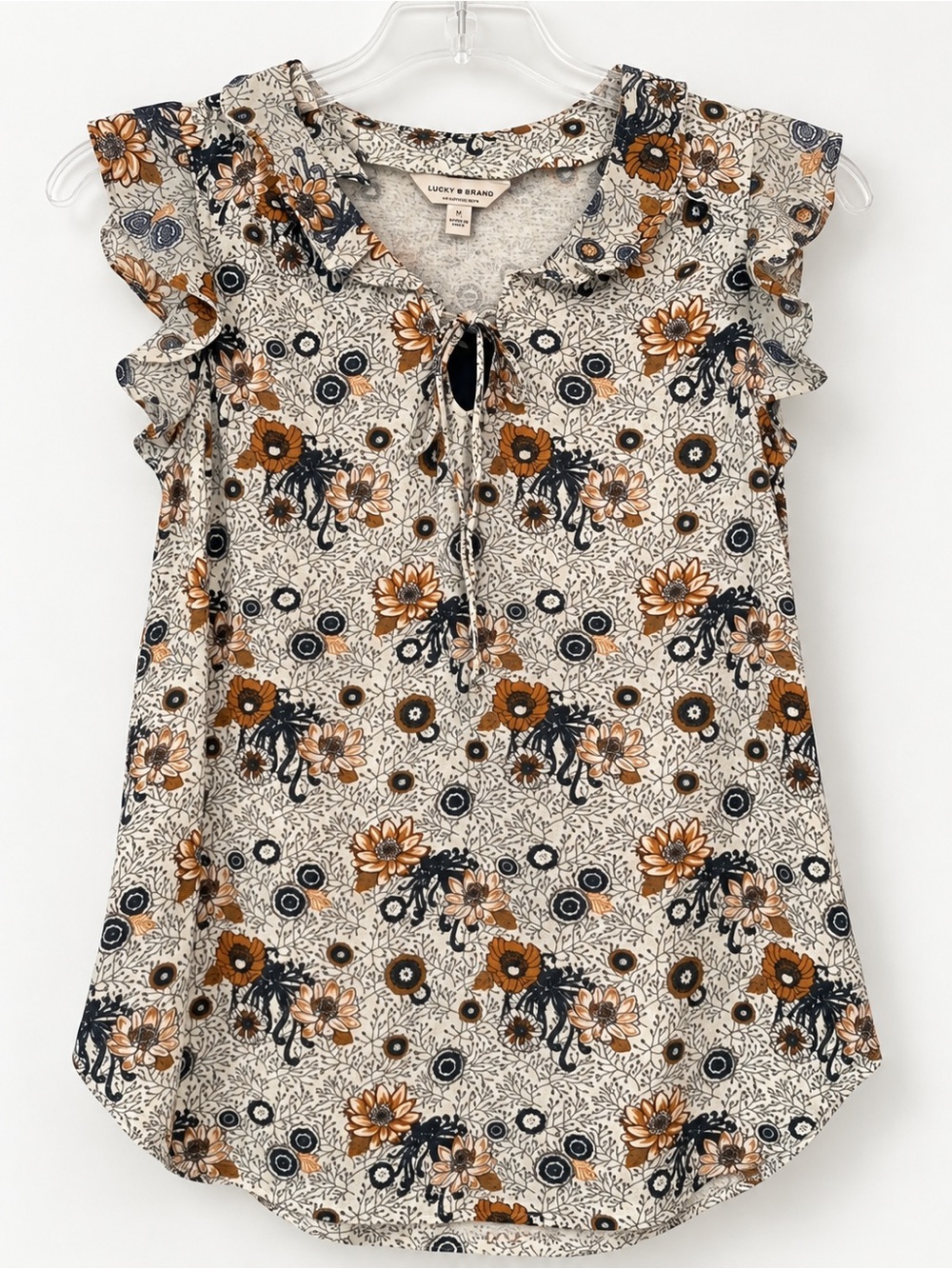 Lucky Brand White Multi Ruffle Collar Tie Detail Top Boho Casual NWT S #2325